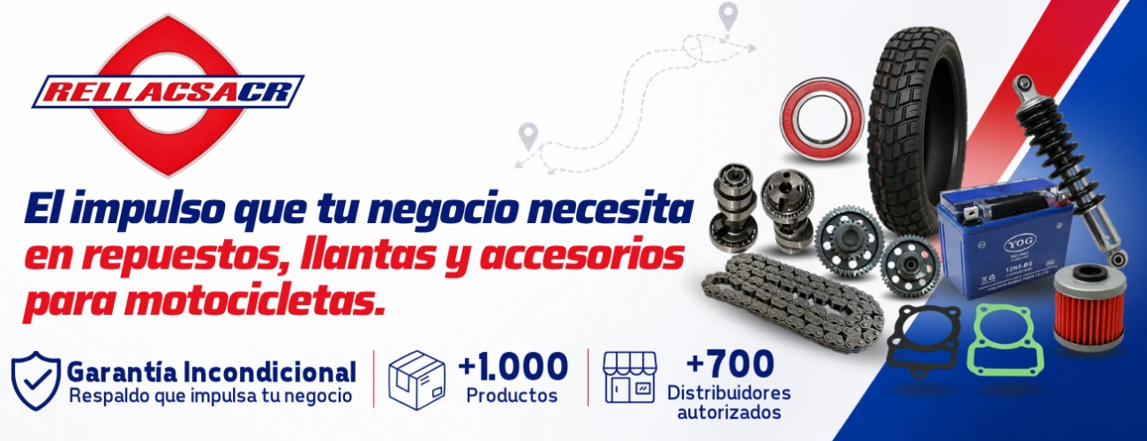 Banner principal de RELLACSA mostrando un catálogo de repuestos, llantas y accesorios para motocicletas, con marcas como YOG. Más de 1000 productos y 700 distribuidores.